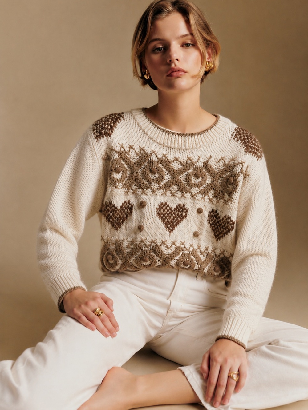 Vintage Huntington Ridge Hand Knit Heart Cottagecore Sweater Small
